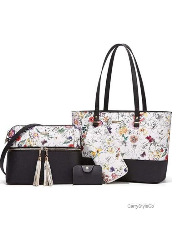 Handbags - Synthetic Leather Satchel Tote Bag Set with Crossbody and Cosmetic Bag